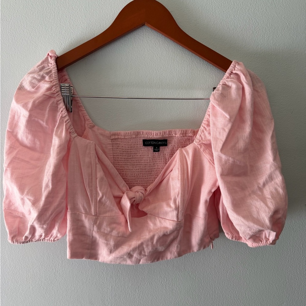 Cotton Candy LA Pink Puff‎ Sleeve Tie Front Smocked Crop Top Small